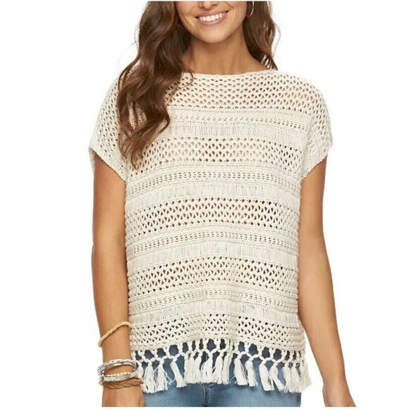 Chaps Sweater Womens 1X Ivory Crochet Open Knit Fringe Poncho Boat Neck Boho - Picture 1 of 8